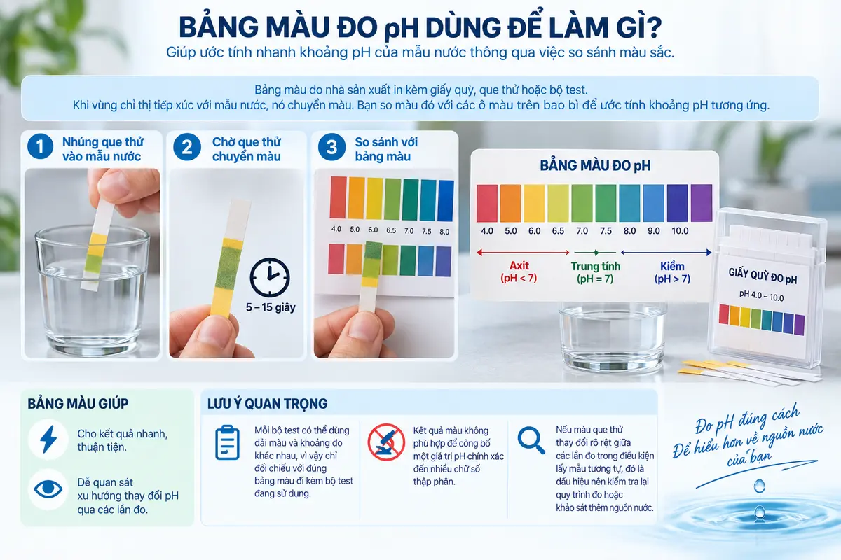 Bảng màu đo pH nước kèm que thử pH dùng để đối chiếu kết quả