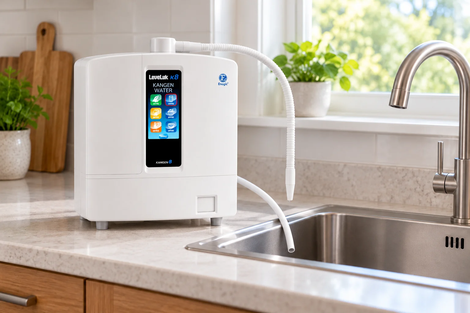 Minh họa bố trí máy Kangen K8 trên mặt bàn cạnh bồn rửa