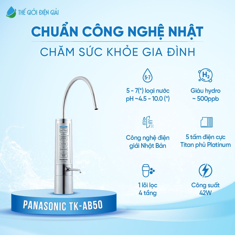 Panasonic TK-AB50 là model âm bồn duy nhất của Panasonic, độ bền cao, khả năng vận hành ổn định, tạo ra 5 - 7 loại nước với nồng độ hydro cao.