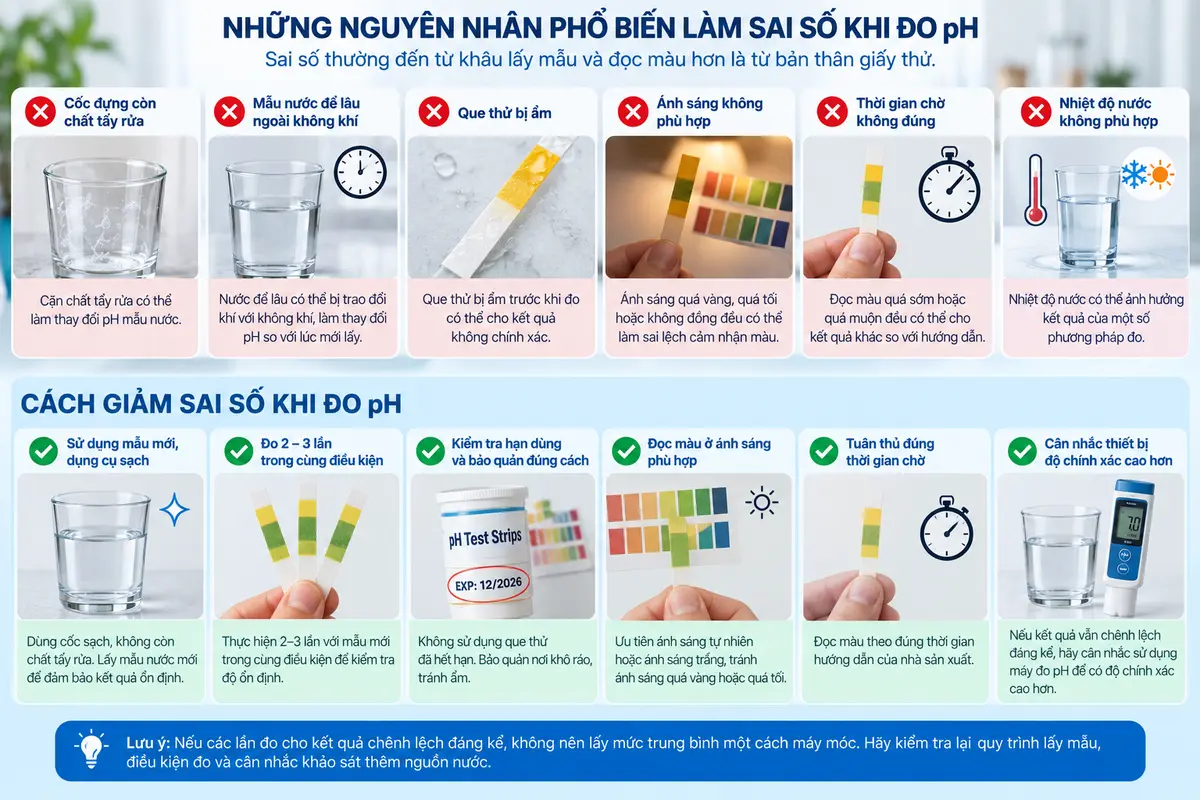 Cách đo pH nước bằng giấy quỳ với cốc mẫu sạch và ánh sáng phù hợp