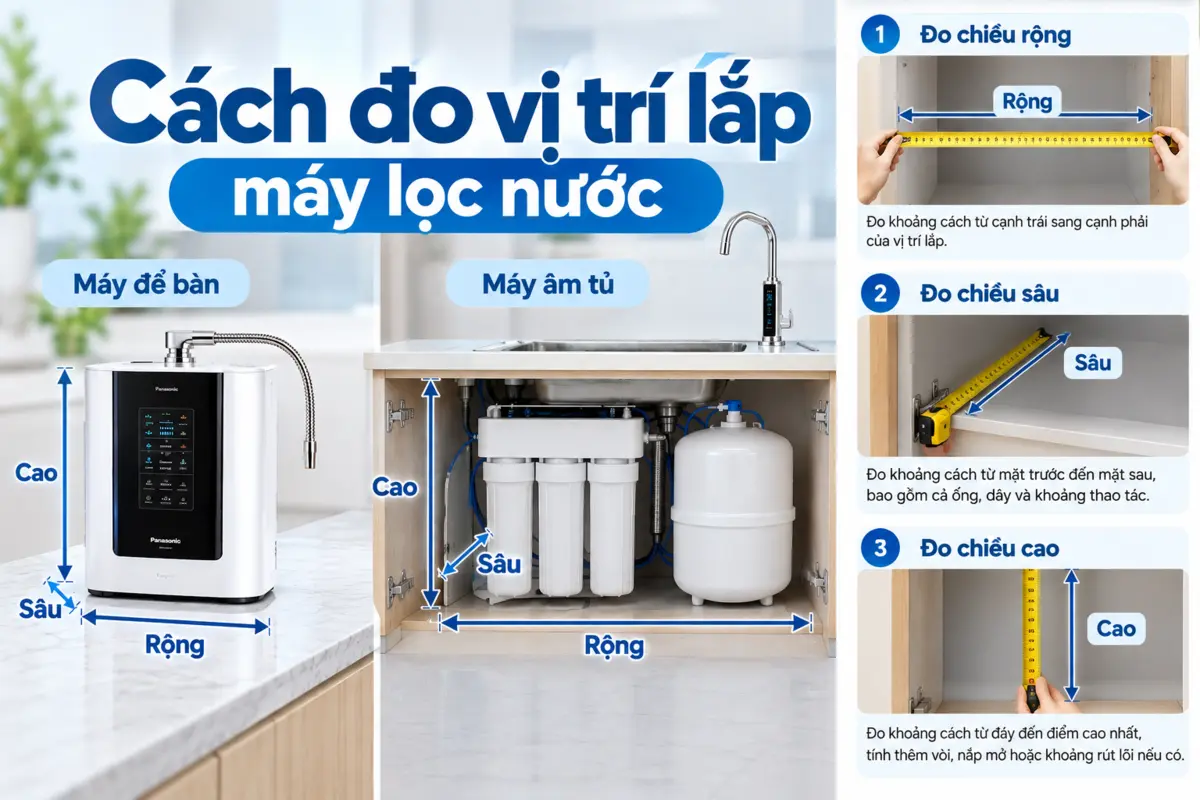 Đo chiều rộng chiều sâu chiều cao tủ bếp trước khi lắp máy lọc nước