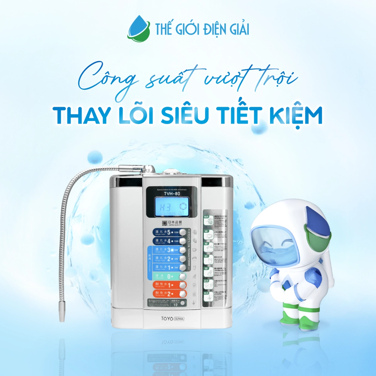 Máy lọc nước điện giải ion kiềm Toyo Suwa TYH-80 cao cấp, siêu tiết kiệm, tối ưu nguồn nước xấu