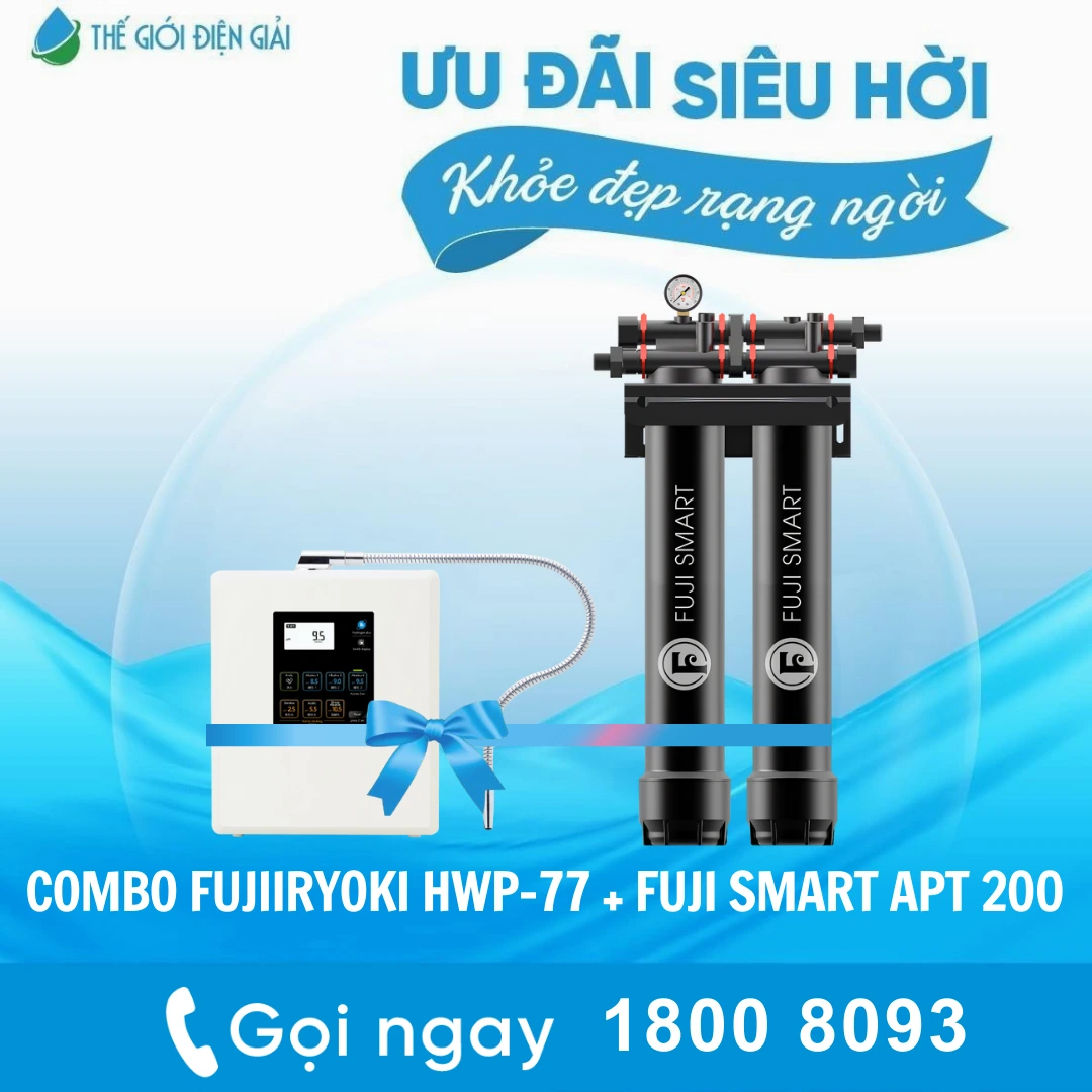Combo: Máy lọc nước điện giải iON kiềm Fujiiryoki HWP-77 và Hệ thống lọc tổng Fuji Smart APT200
