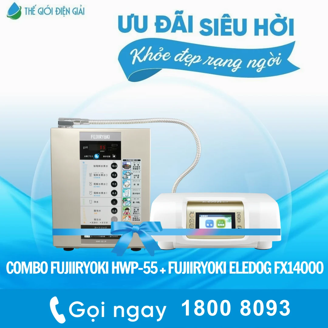 Combo: Máy lọc nước điện giải iON kiềm Fujiiryoki HWP-55 và Máy trị liệu điện trường cao áp Fujiiryoki Eledog FX-14000
