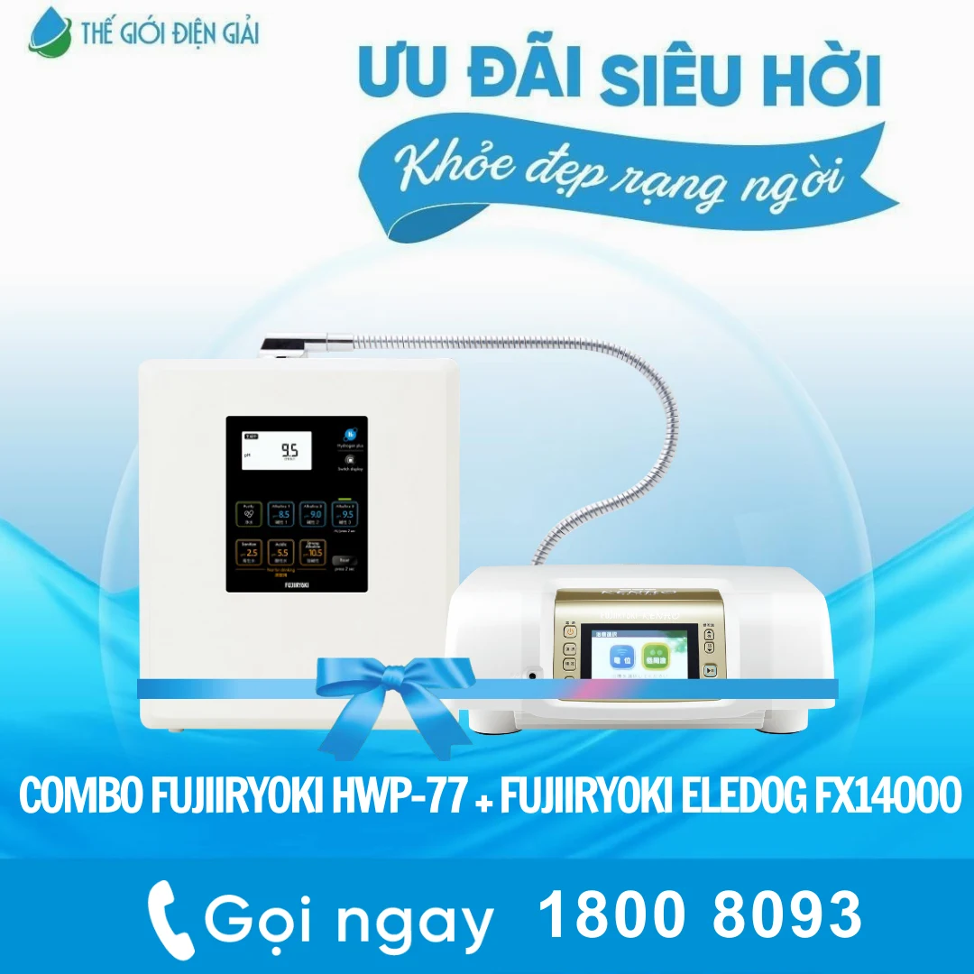 Combo: Máy lọc nước điện giải iON kiềm Fujiiryoki HWP-77 và Máy trị liệu điện trường cao áp Fujiiryoki Eledog FX-14000