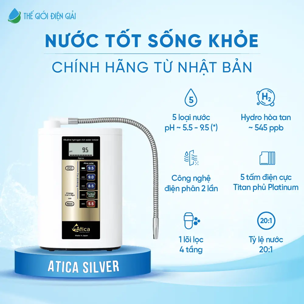 Máy lọc nước iON kiềm Atica Silver Nhật Bản chính hãng dịch vụ tốt