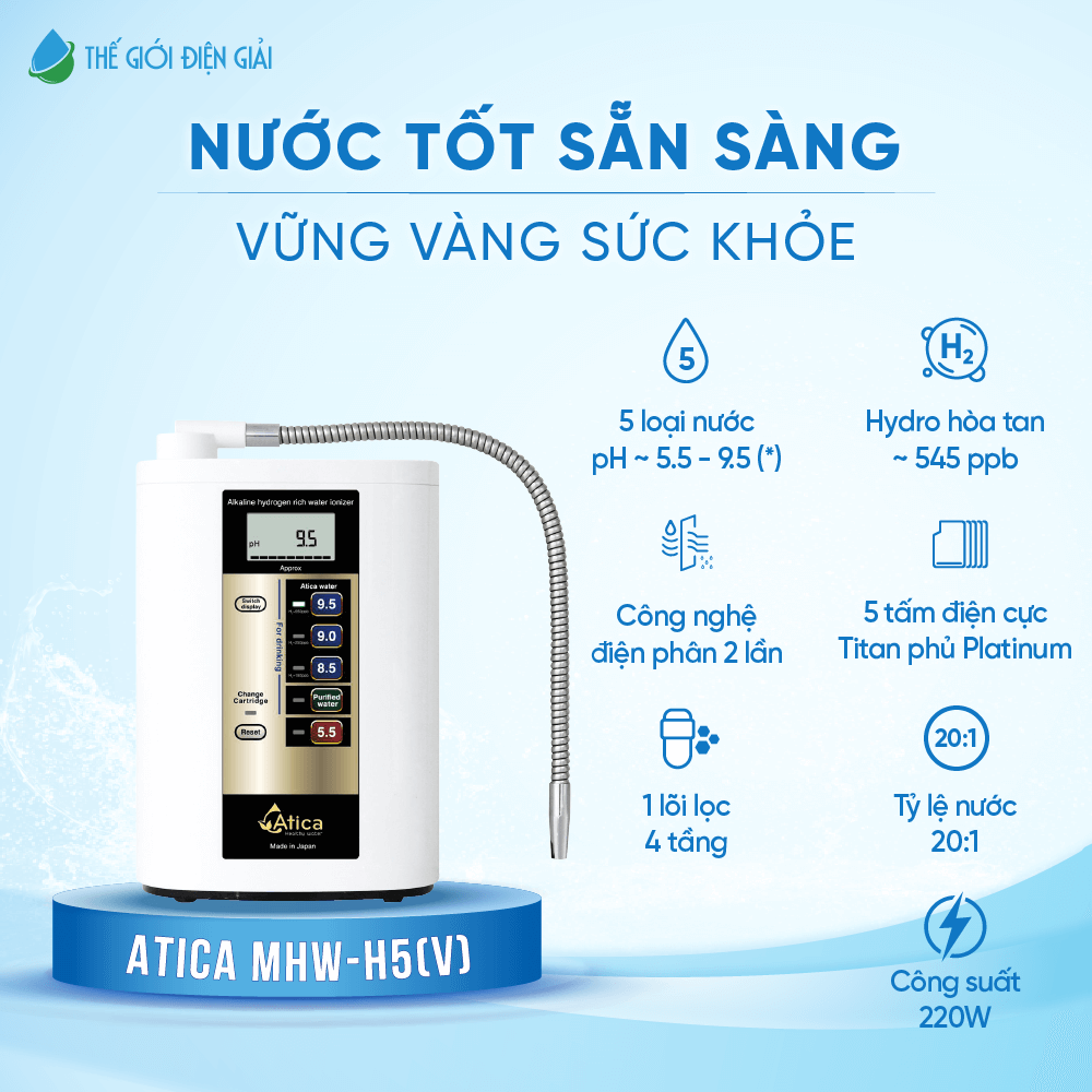 Máy lọc nước điện giải iON kiềm Atica MHW-H5(V) chính hãng Nhật Bản bảo hành 5 năm