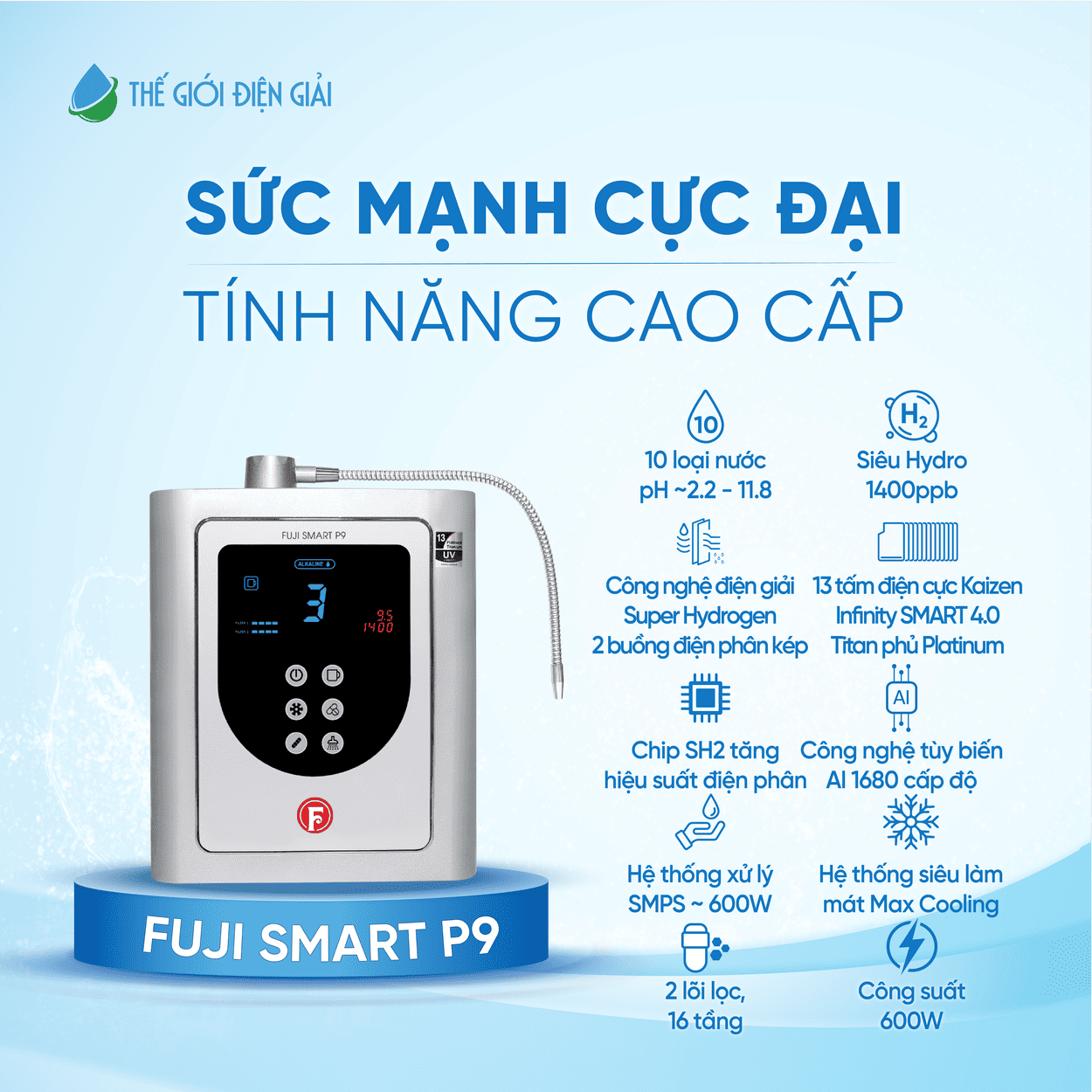 Máy lọc nước iON kiềm Fuji Smart P9 siêu Hydro 13 tấm điện cực