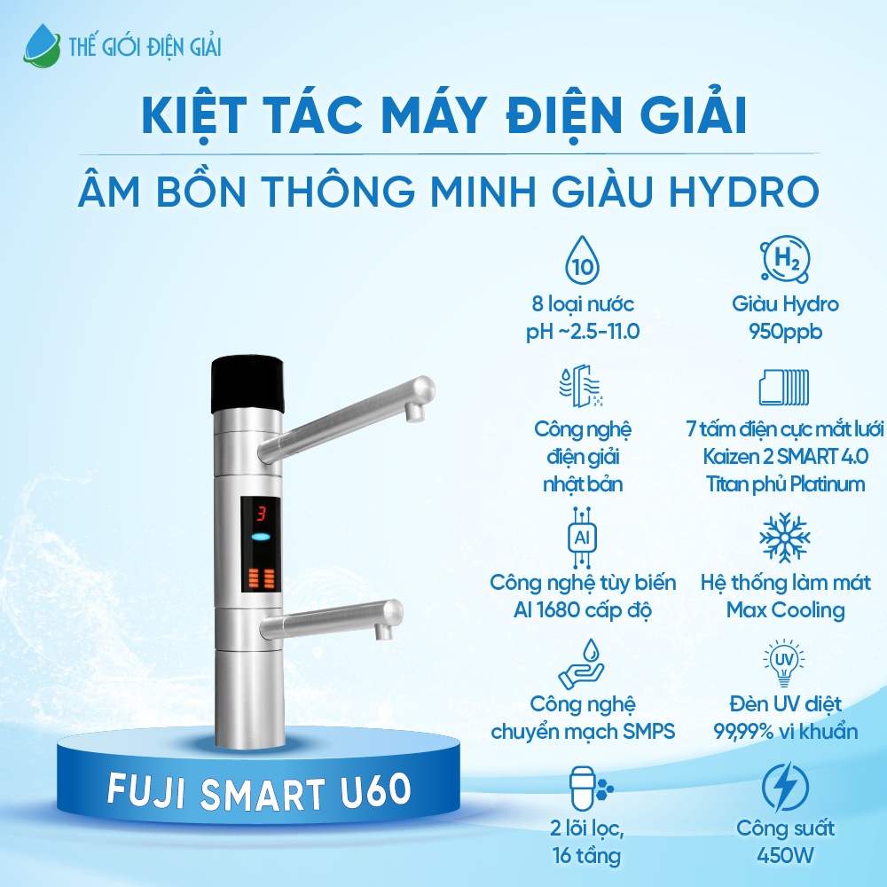 Máy lọc nước điện giải iON kiềm Fuji Smart U60 rẻ bền tốt, bảo dưỡng VIPCARE miễn phí