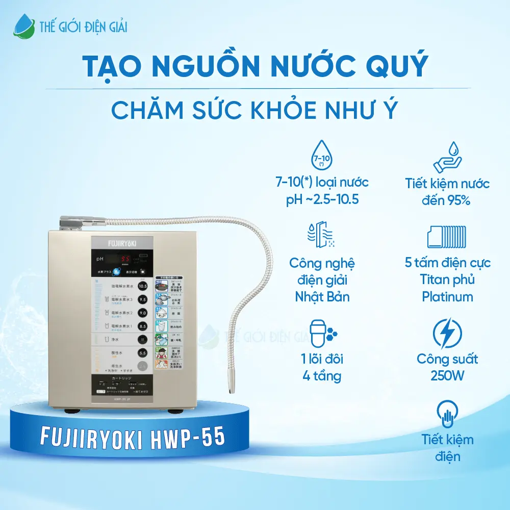 Máy lọc nước điện giải iON kiềm Fujiiryoki HWP-55 giàu Hydro nhập khẩu từ Nhật Bản