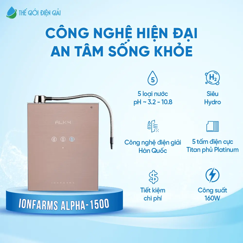 Máy lọc nước điện giải ion kiềm IonFarms Alpha-1500 thiết kế thời thượng dịch vụ 6 sao