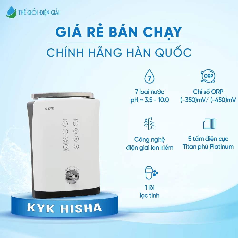 Máy lọc nước iON kiềm KYK Hisha Hàn Quốc chính hãng tạo 7 loại nước