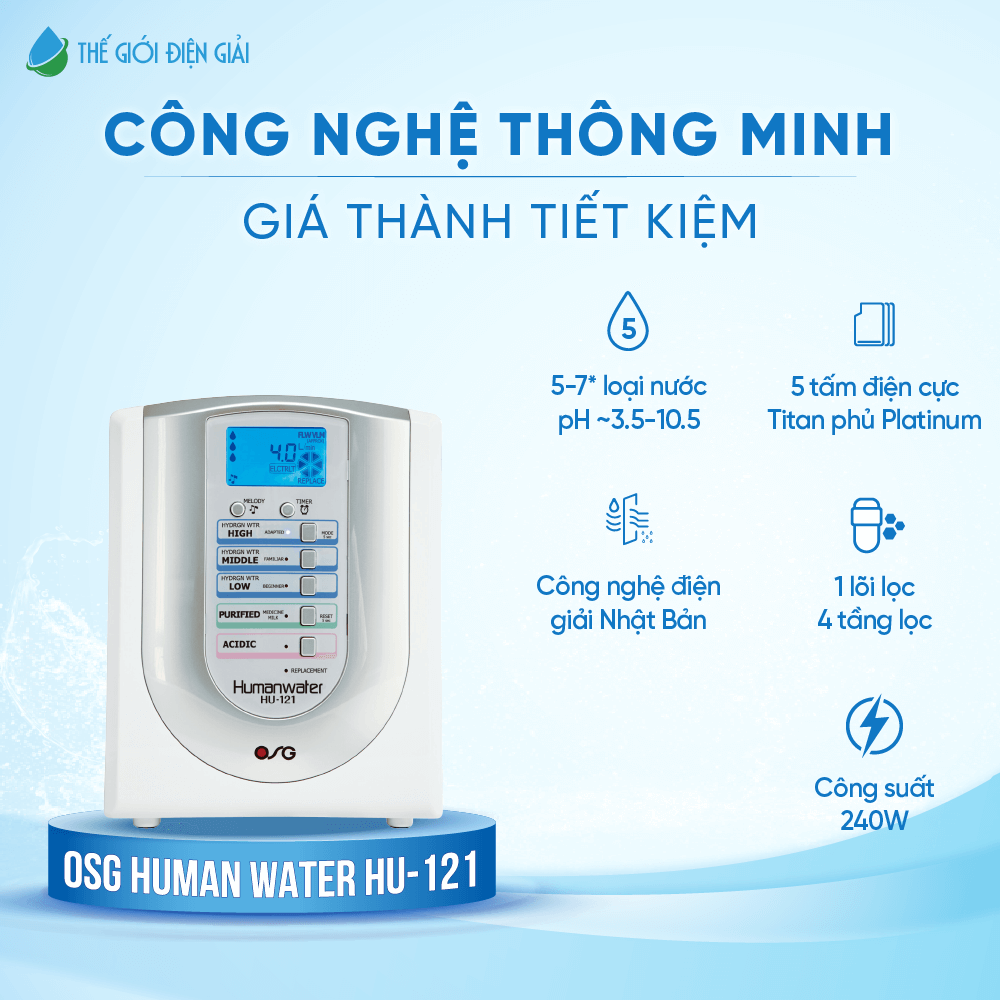 Máy lọc nước điện giải iON kiềm OSG Human Water HU-121 bảo hành 5 năm chuẩn Nhật