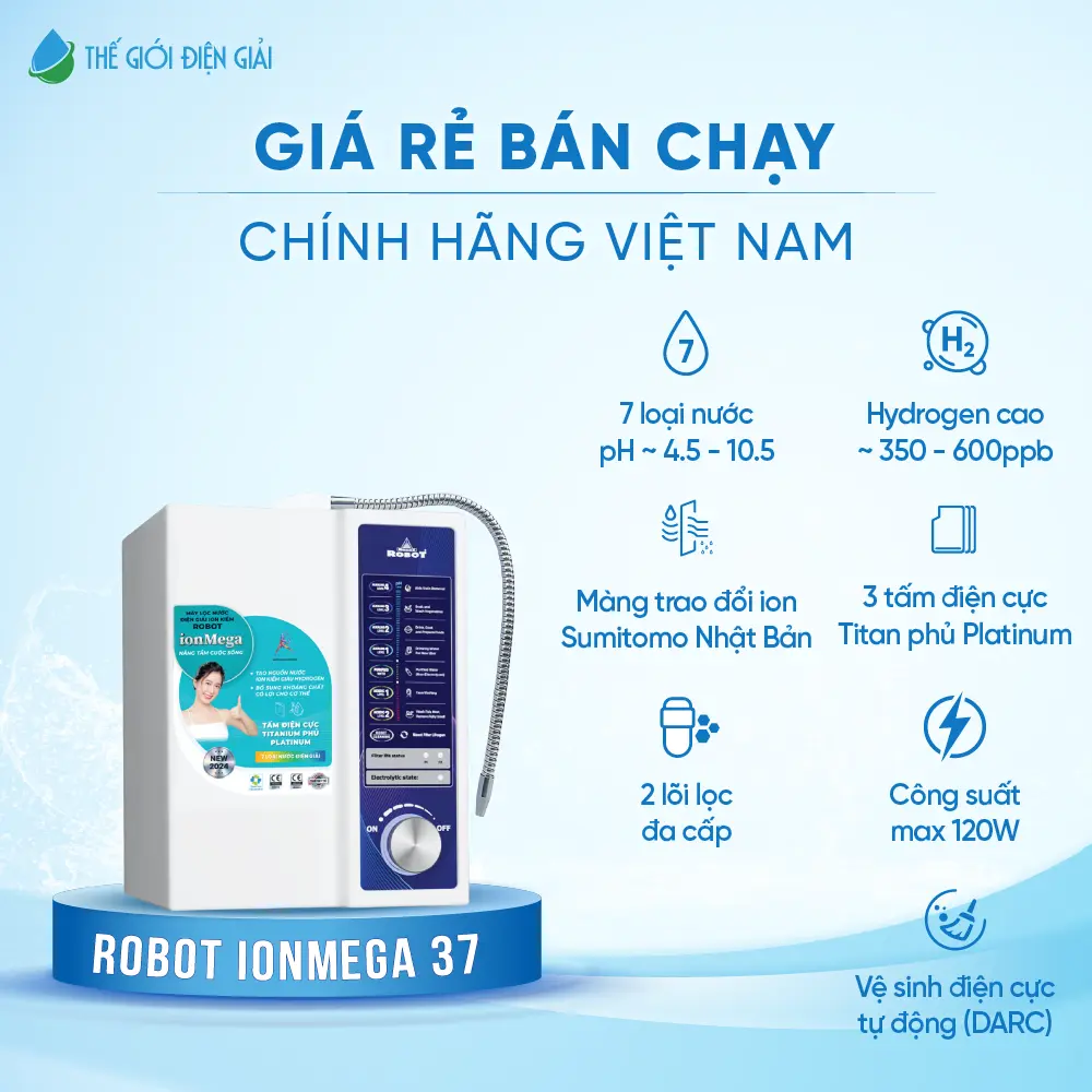 Máy lọc nước điện giải iON kiềm Robot ionMega 37 chính hãng giá tốt