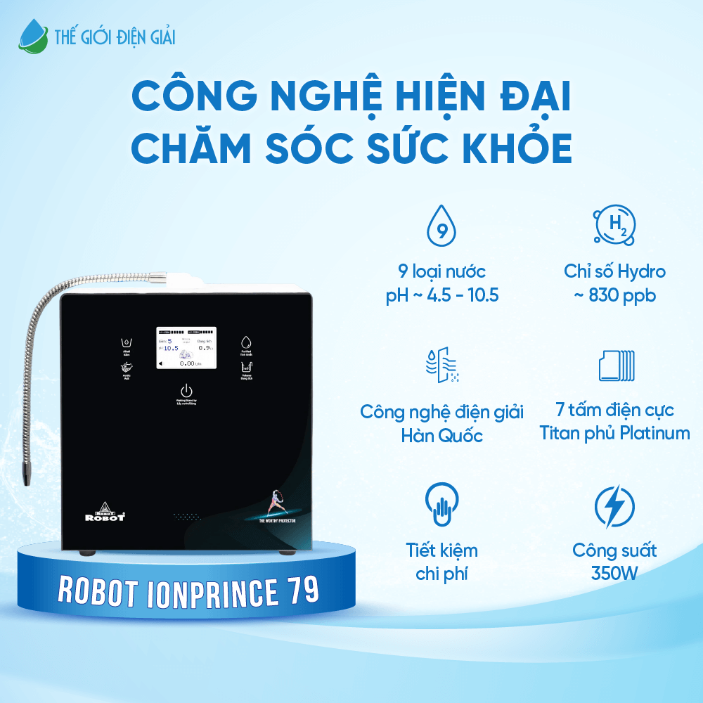 Máy lọc nước điện giải ion kiềm Robot ionPrince 79 bảo hành chính hãng 6 năm