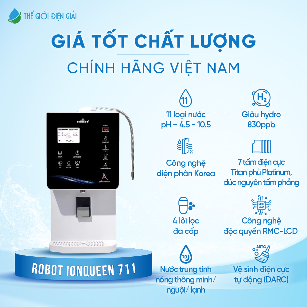 Máy lọc nước điện giải iON kiềm Robot ionQueen 711 dịch vụ 6 sao