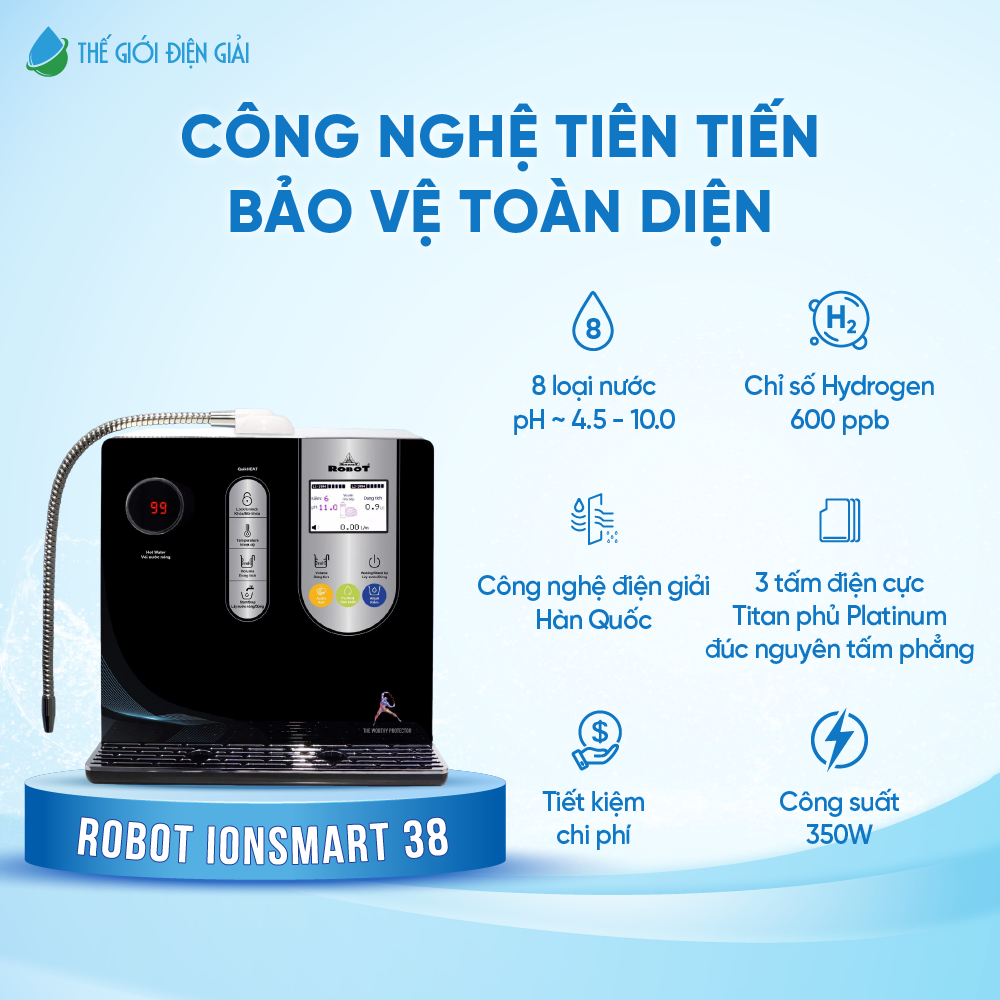 Máy lọc nước điện giải iON kiềm Robot ionSmart 38 dịch vụ 6 sao