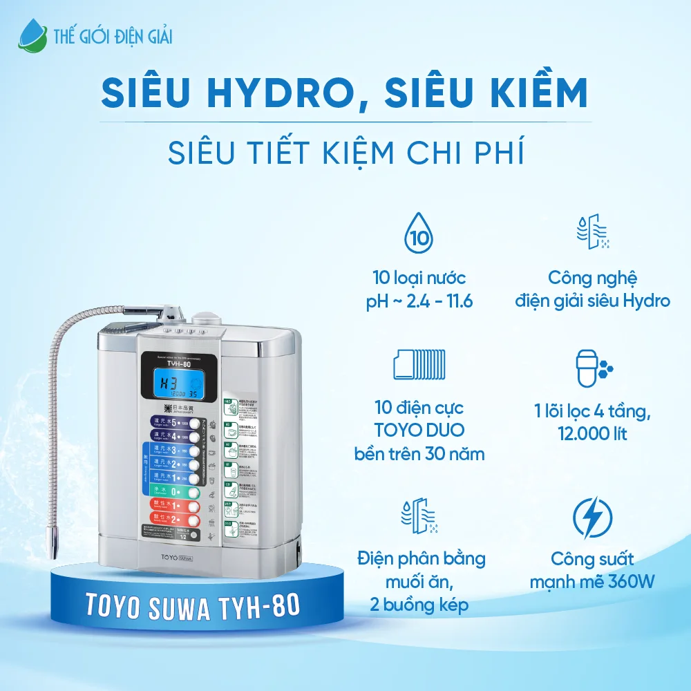 Máy lọc nước điện giải ion kiềm Toyo Suwa TYH-80 cao cấp, siêu tiết kiệm, tối ưu nguồn nước xấu