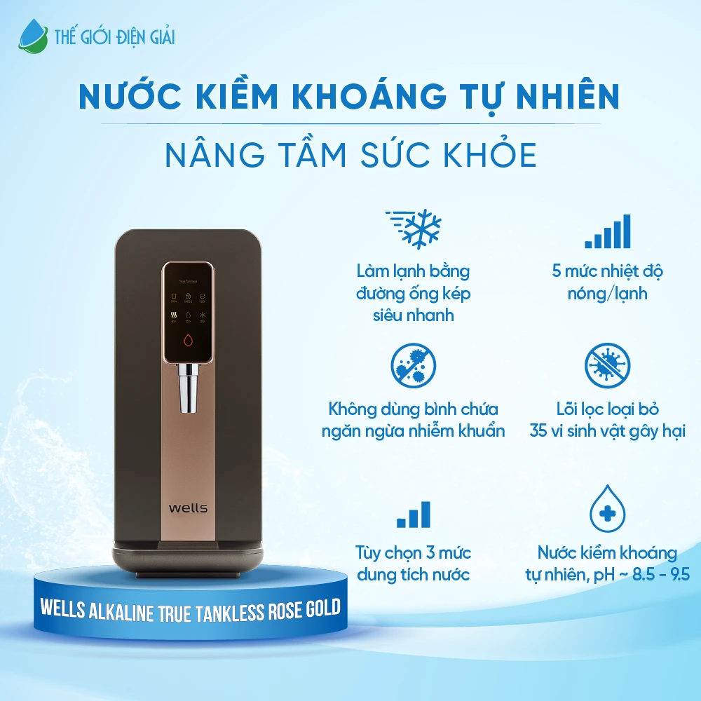 Máy lọc nước kiềm nóng lạnh Wells Alkaline True Tankless Rose Gold