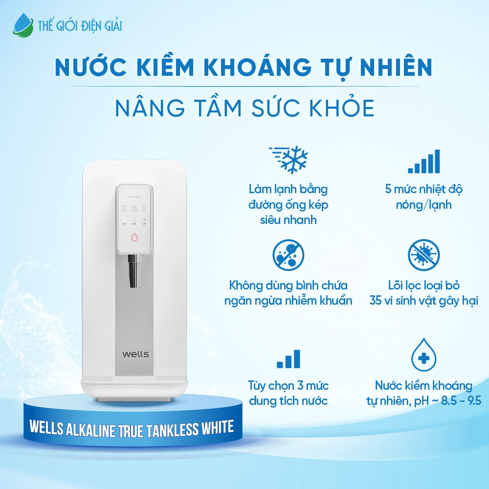 Máy lọc nước kiềm nóng lạnh Wells Alkaline True Tankless White