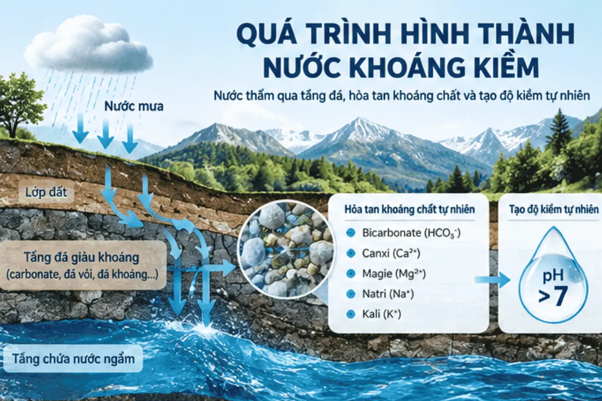 Sơ đồ nước thấm qua tầng đá và hòa tan khoáng chất tạo độ kiềm tự nhiên