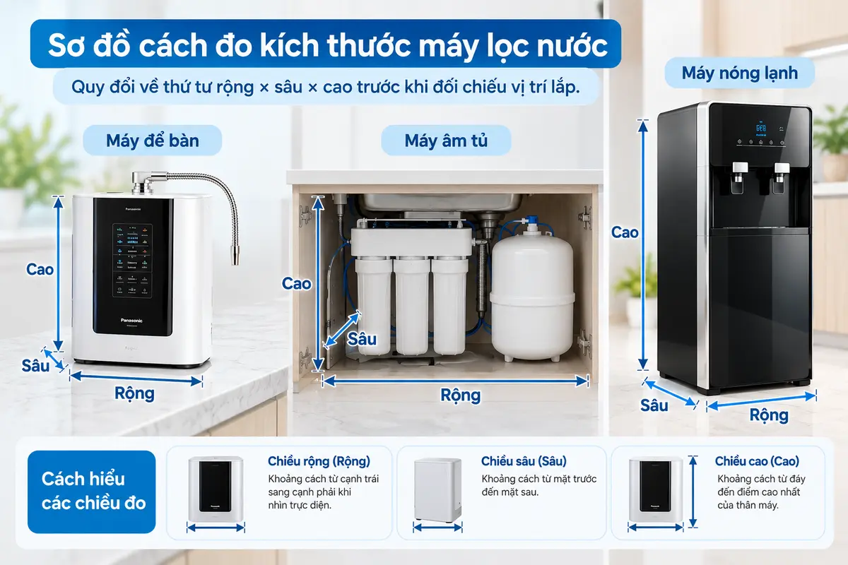 Sơ đồ cách đo chiều rộng chiều sâu và chiều cao máy lọc nước
