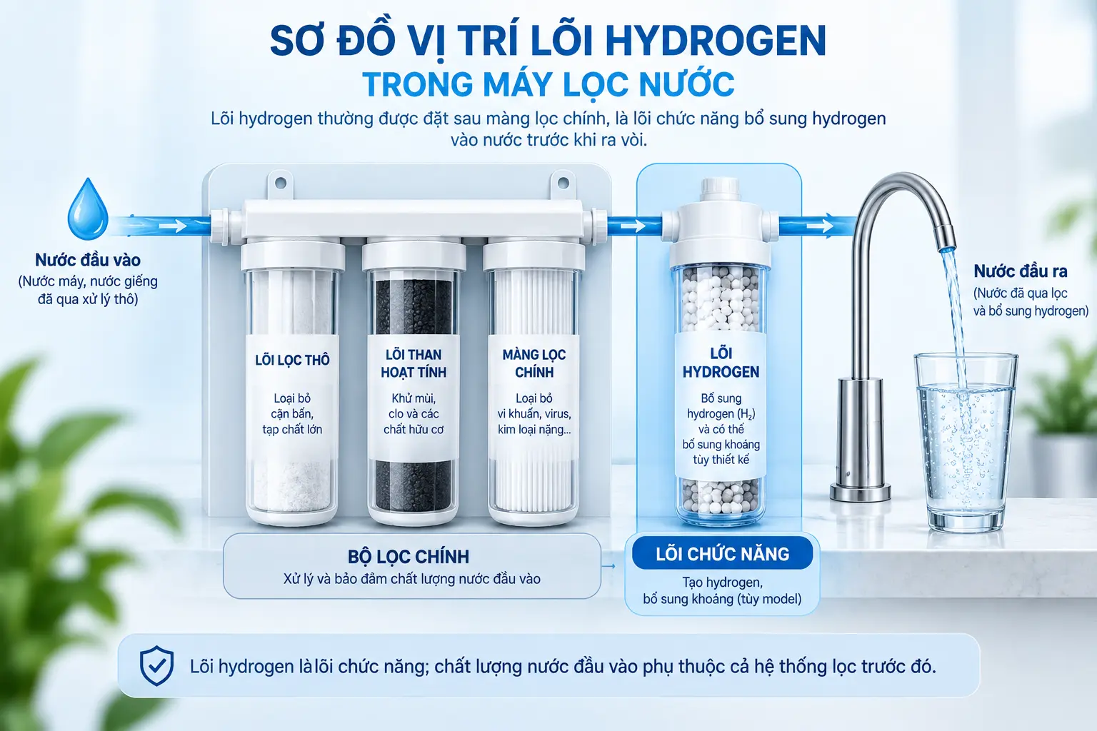 Sơ đồ vị trí lõi hydrogen sau bộ lọc chính trong máy lọc nước