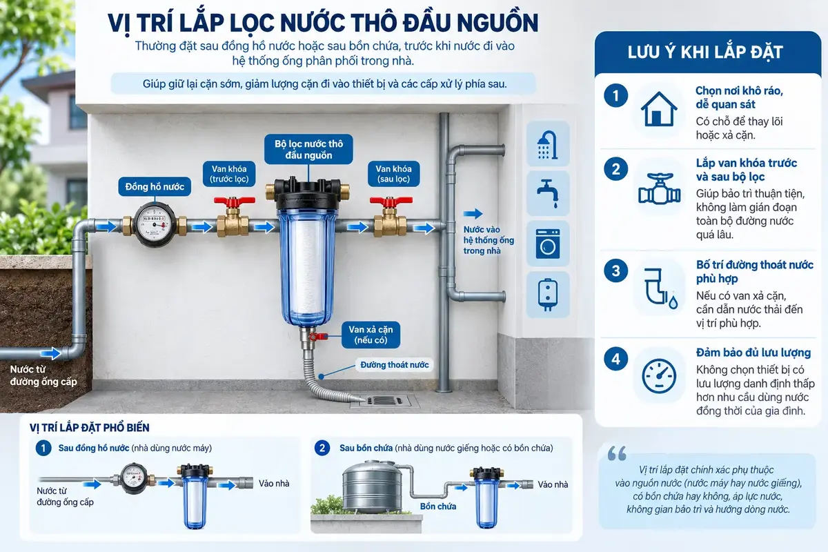 Vị trí lắp lọc thô đầu nguồn sau đồng hồ nước và trước đường ống phân phối